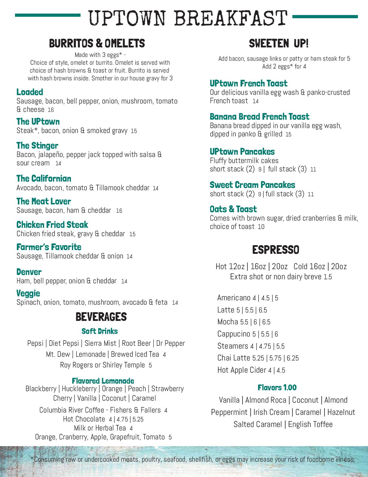 The Uptown Cafe Menu